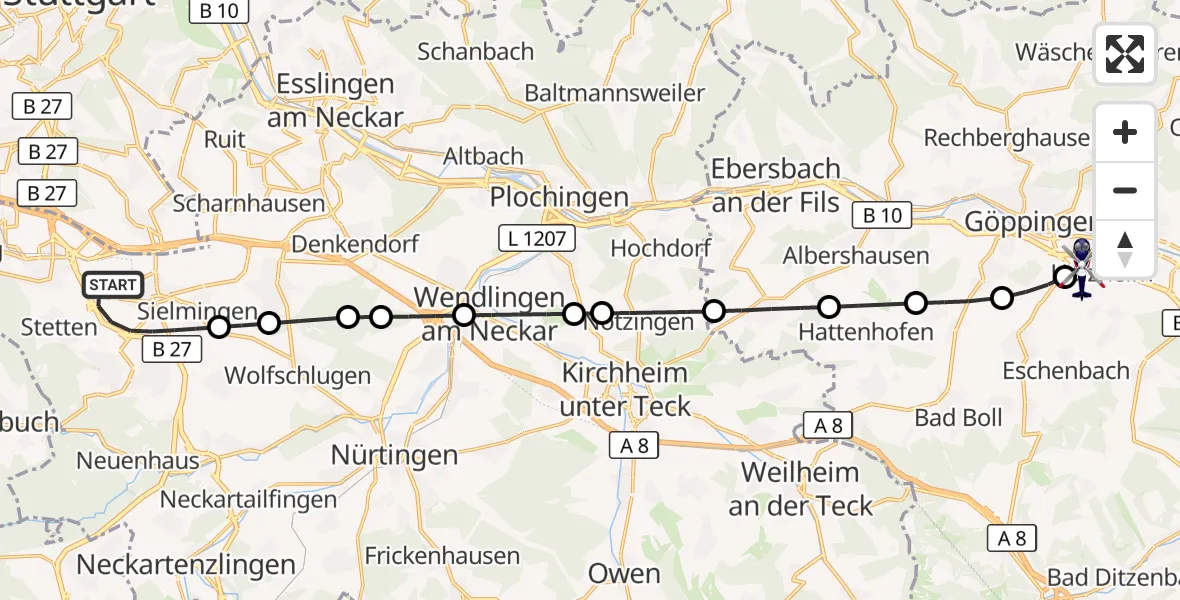 Flugroute Polizeihubschrauber Flughafen Stuttgart - Göppingen, 15 Mai 2026, 05:05