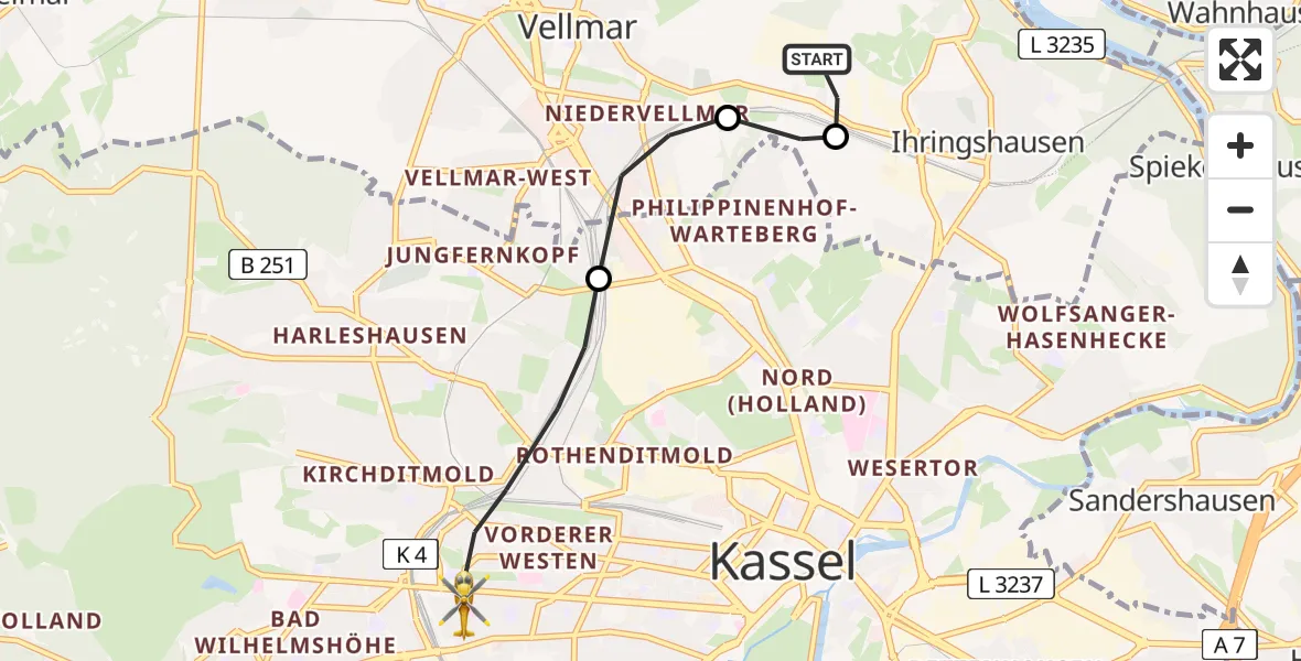 Flugroute Rettungshubschrauber Fuldatal Bundespolizei Hubschrauberlandeplatz - Kassel, 15 Mai 2026, 05:21