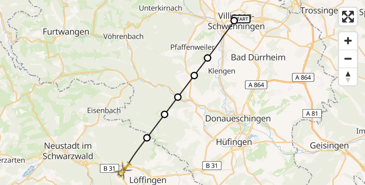 Flugroute Rettungshubschrauber DRF Air Rescue Station Villingen-Schwenningen Hubschrauberlandeplatz (Christoph 11) - Friedenweiler, 15 Mai 2026, 05:26