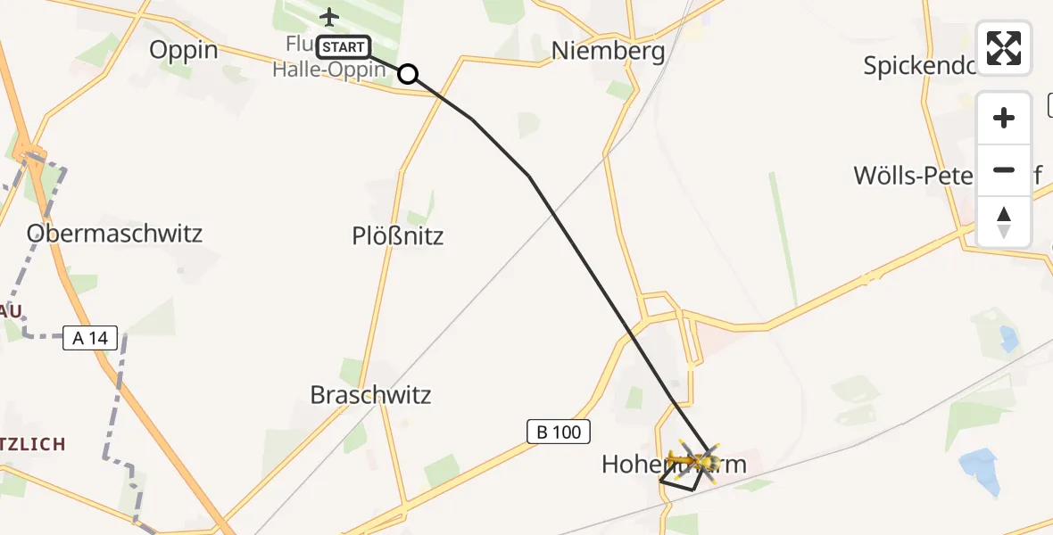 Flugroute Rettungshubschrauber Halle-Oppin Flugplatz - Landsberg, 15 Mai 2026, 06:04
