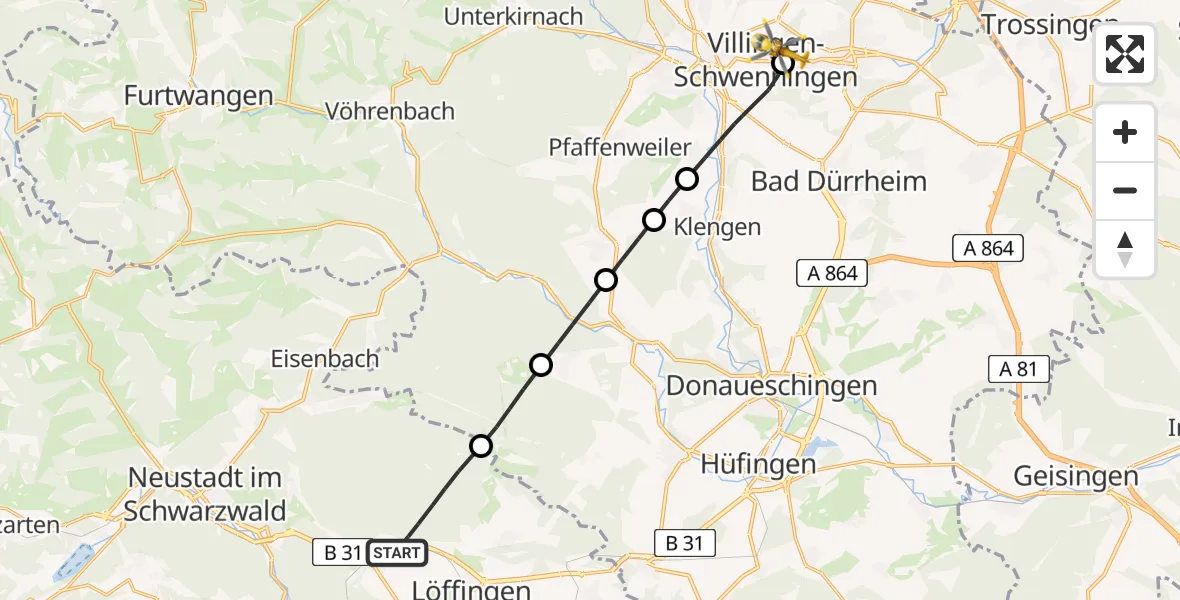 Flugroute Rettungshubschrauber Löffingen - DRF Air Rescue Station Villingen-Schwenningen Hubschrauberlandeplatz (Christoph 11), 15 Mai 2026, 06:05