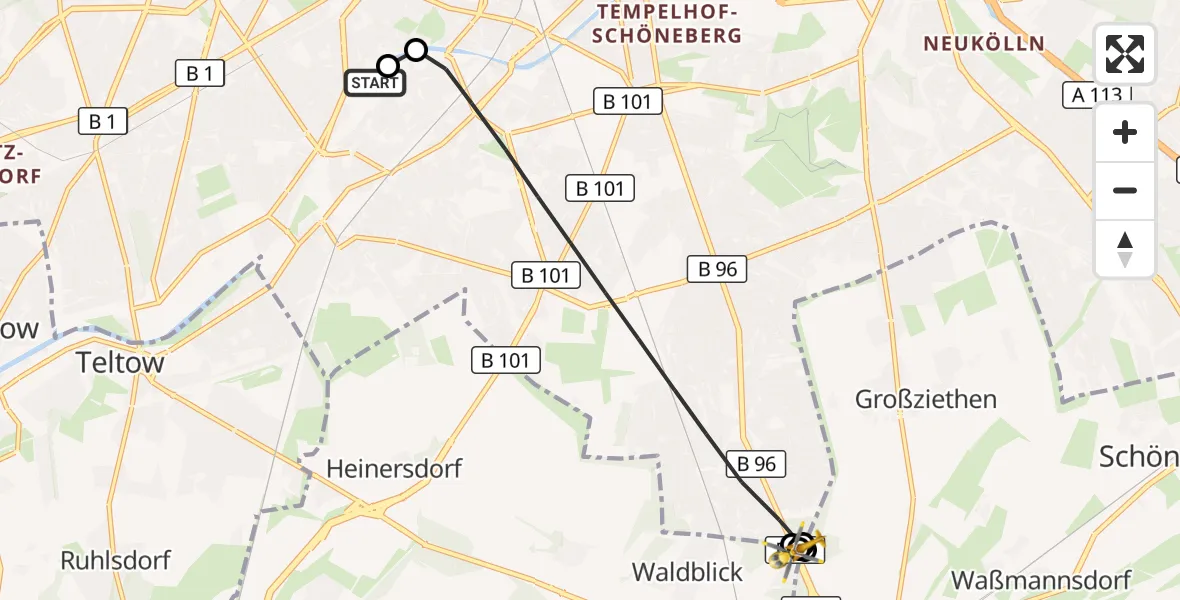 Flugroute Rettungshubschrauber Charité Clinic Benjamin Franklin Campus - Blankenfelde-Mahlow, 15 Mai 2026, 06:12