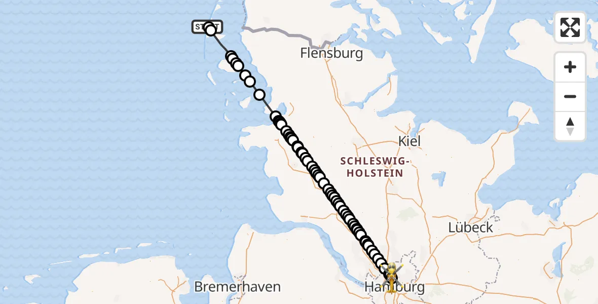 Flugroute Rettungshubschrauber Sylt - Universitätsklinikum Hamburg-Eppendorf Hubschrauberlandeplatz, 15 Mai 2026, 06:26