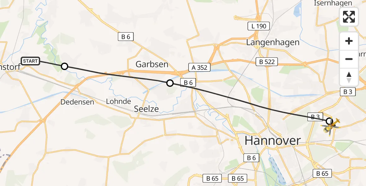 Flugroute Rettungshubschrauber Wunstorf - Hannover Luftrettung Hubschrauberlandeplatz (Christoph 4), 15 Mai 2026, 06:39