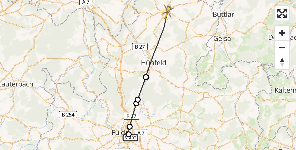 Flugroute Rettungshubschrauber Fulda Hospital - Eiterfeld, 15 Mai 2026, 06:42