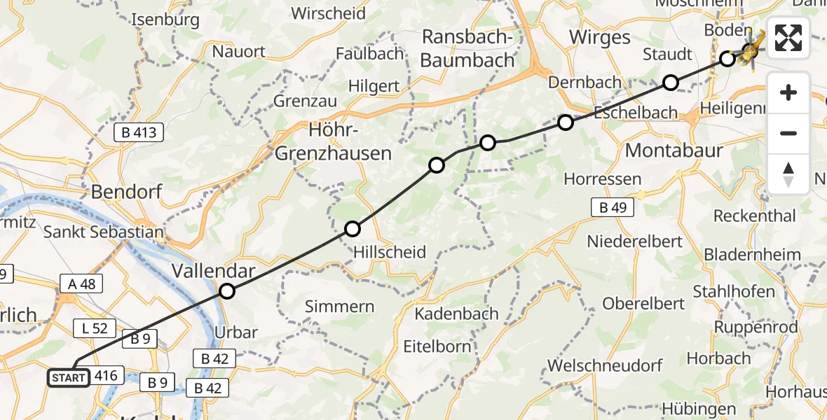 Flugroute Rettungshubschrauber Koblenz - Ruppach-Goldhausen, 15 Mai 2026, 06:47