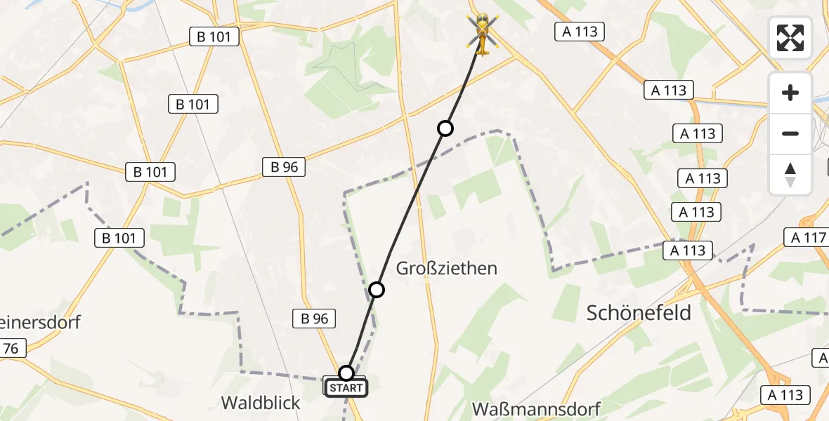 Flugroute Rettungshubschrauber Blankenfelde-Mahlow - Berlin, 15 Mai 2026, 07:06