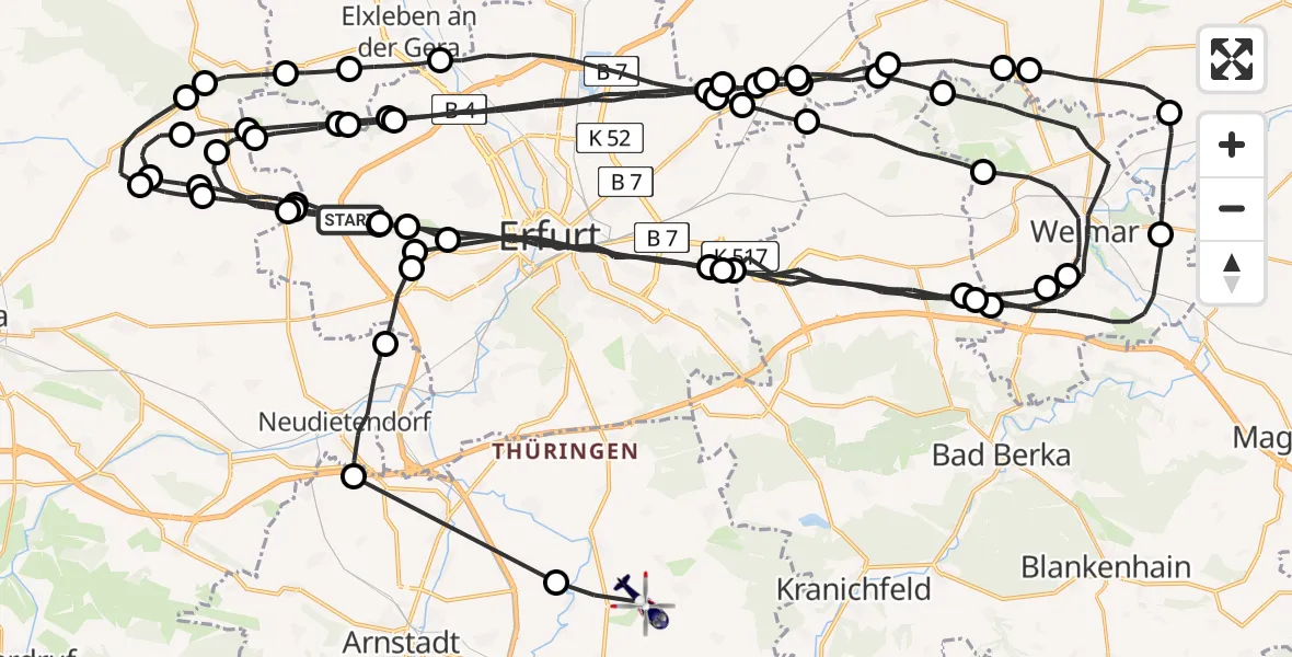 Flugroute Polizeihubschrauber Erfurt - Osthausen-Wülfershausen, 15 Mai 2026, 07:10