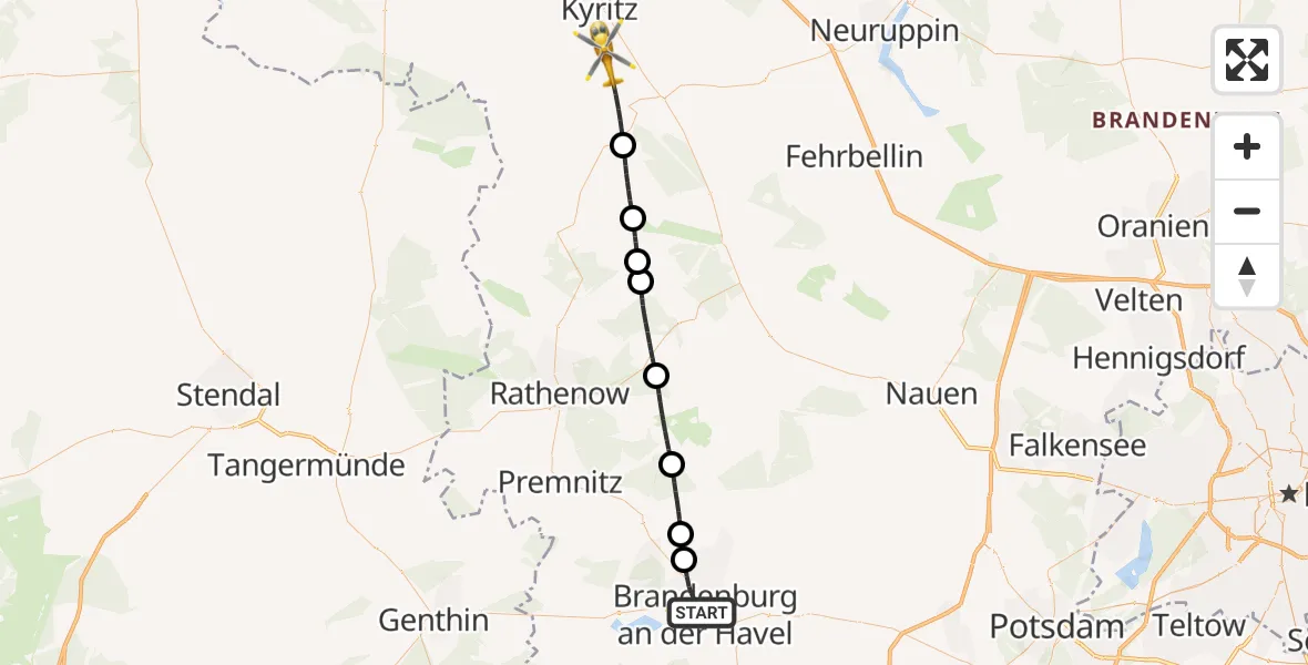 Flugroute Rettungshubschrauber Brandenburg an der Havel - Neustadt (Dosse), 15 Mai 2026, 07:19