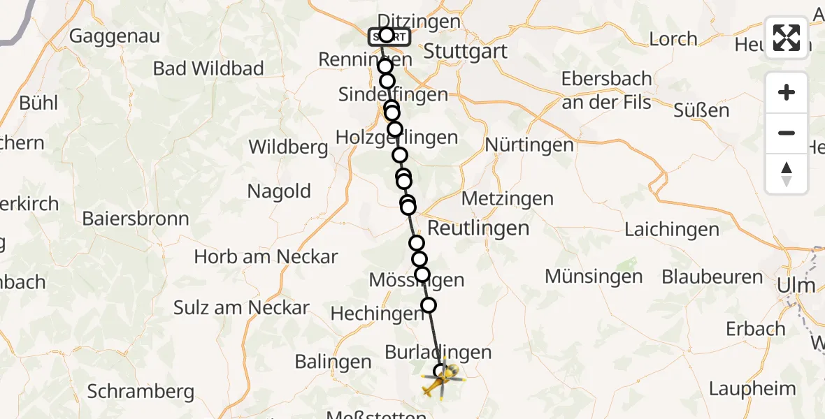 Flugroute Rettungshubschrauber Leonberg Hospital - Neufra, 15 Mai 2026, 07:23