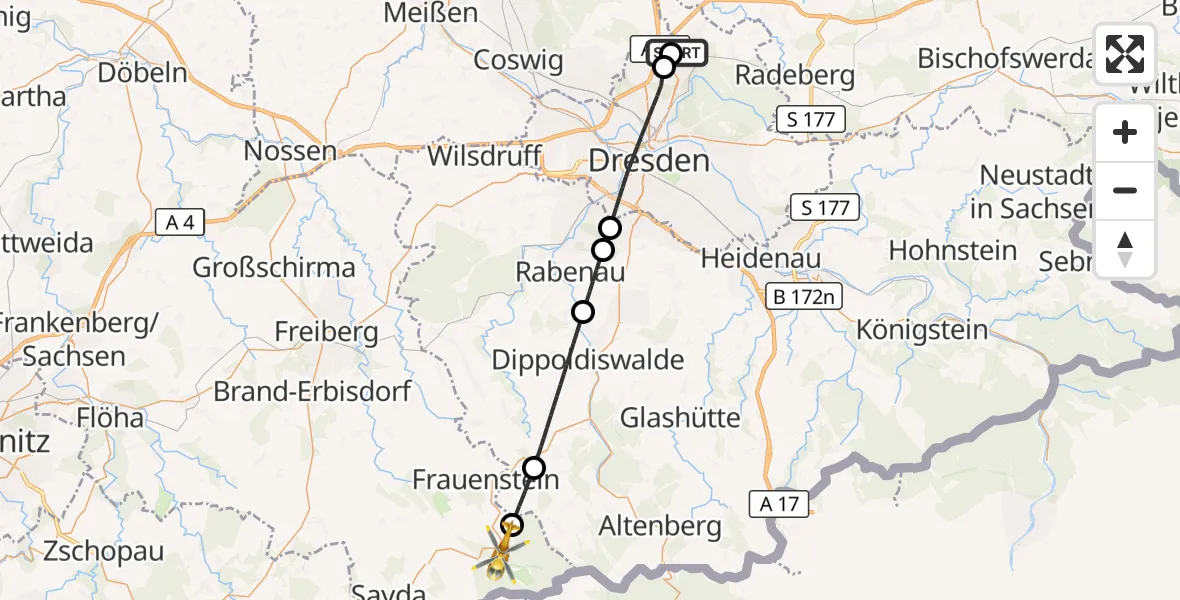 Flugroute Rettungshubschrauber Dresden Bundespolizei Hubschrauberlandeplatz - Frauenstein, 15 Mai 2026, 07:24