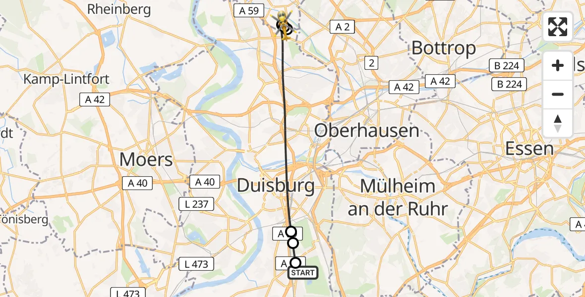 Flugroute Rettungshubschrauber Duisburg Air Rescue Hubschrauberlandeplatz (Christoph 9) - Dinslaken, 15 Mai 2026, 07:26