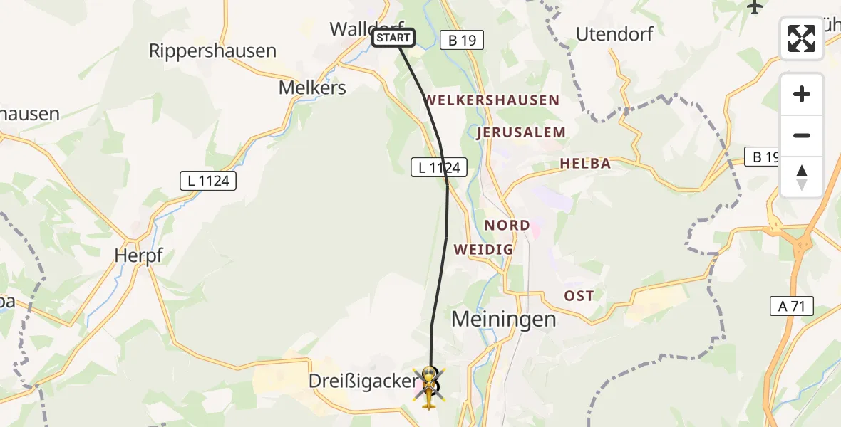Flugroute Rettungshubschrauber Meiningen - Helios Clinic Meiningen, 15 Mai 2026, 07:31