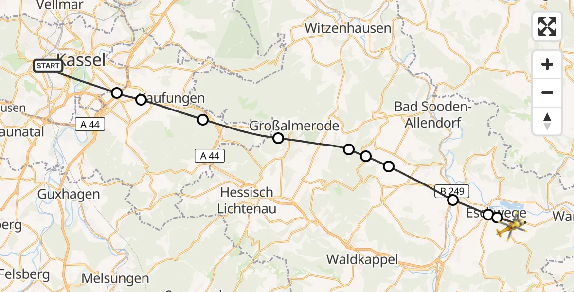Flugroute Rettungshubschrauber Kassel - Eschwege, 15 Mai 2026, 07:32