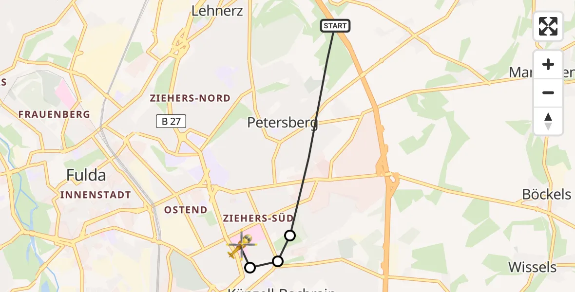 Flugroute Rettungshubschrauber Petersberg - Fulda Hospital, 15 Mai 2026, 07:36