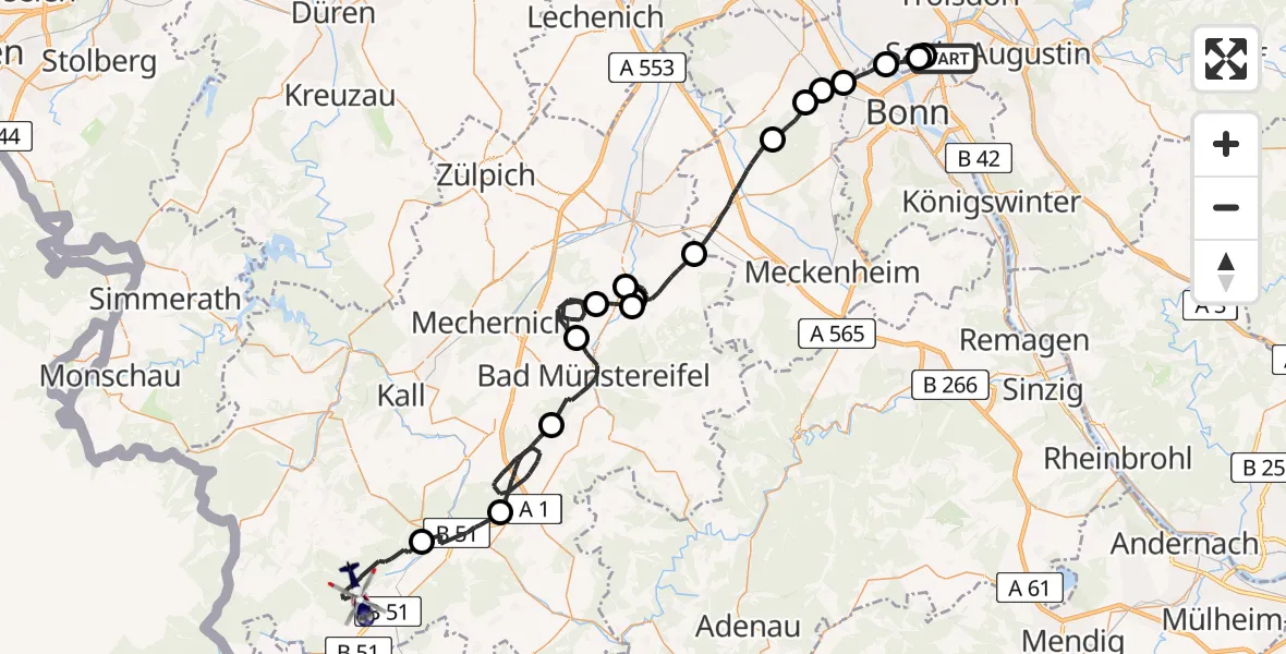 Flugroute Polizeihubschrauber Sankt Augustin - Dahlem, 15 Mai 2026, 07:40