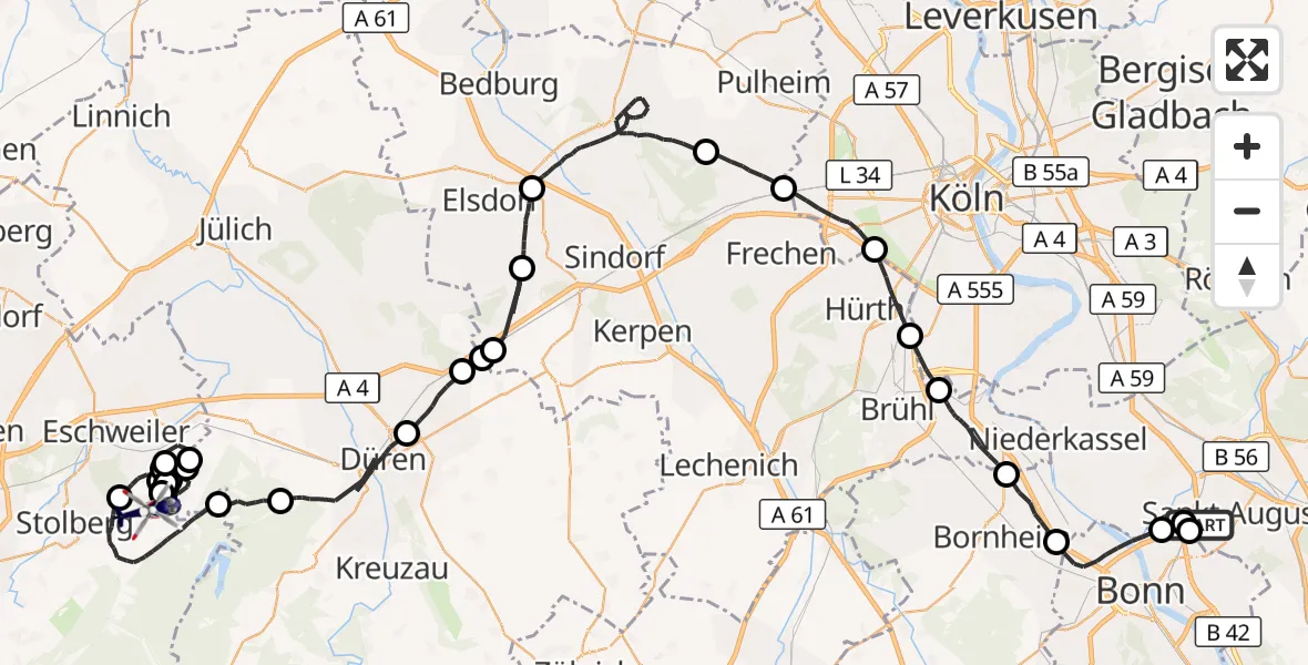 Flugroute Polizeihubschrauber Sankt Augustin - Stolberg (Rhld.), 15 Mai 2026, 07:43