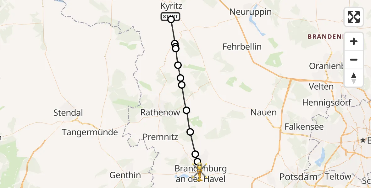 Flugroute Rettungshubschrauber Kyritz - Brandenburg an der Havel, 15 Mai 2026, 07:49
