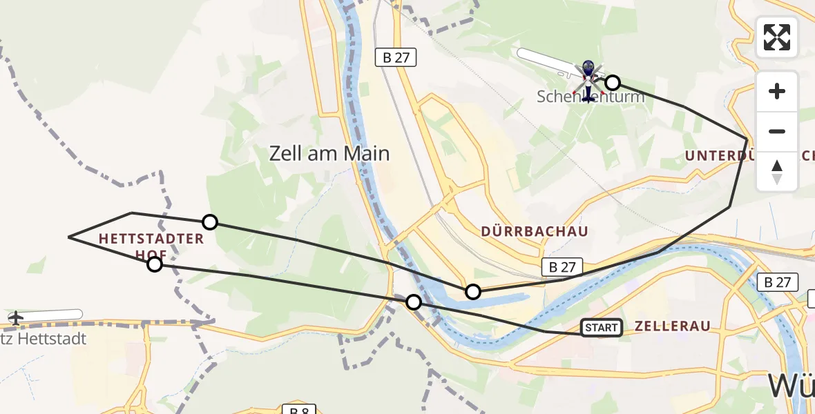Flugroute Polizeihubschrauber Würzburg - Würzburg-Schenkenturm Flugplatz, 15 Mai 2026, 07:51