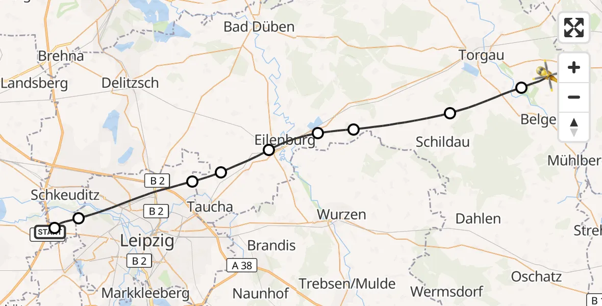 Flugroute Rettungshubschrauber ADAC Air Rescue Station Leipzig/Schkeuditz-Dölzig Hubschrauberlandeplatz (Christoph 61) - Arzberg, 15 Mai 2026, 07:51