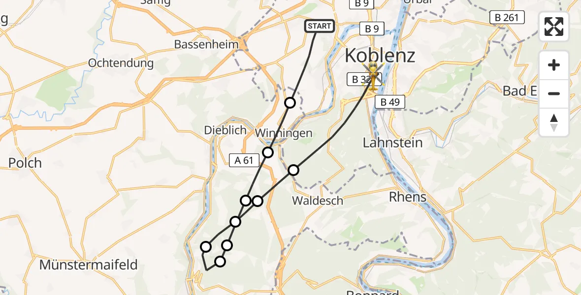Flugroute Rettungshubschrauber Koblenz - Koblenz, 15 Mai 2026, 07:55