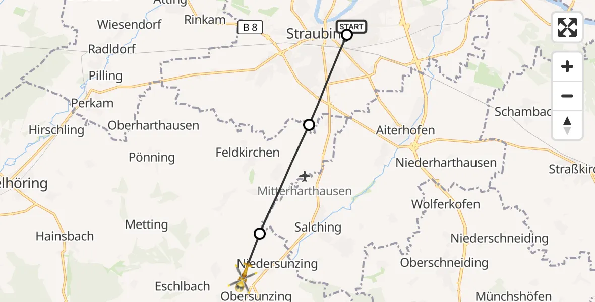 Flugroute Rettungshubschrauber Sankt Elisabeth Hospital Straubing - Leiblfing, 15 Mai 2026, 07:56