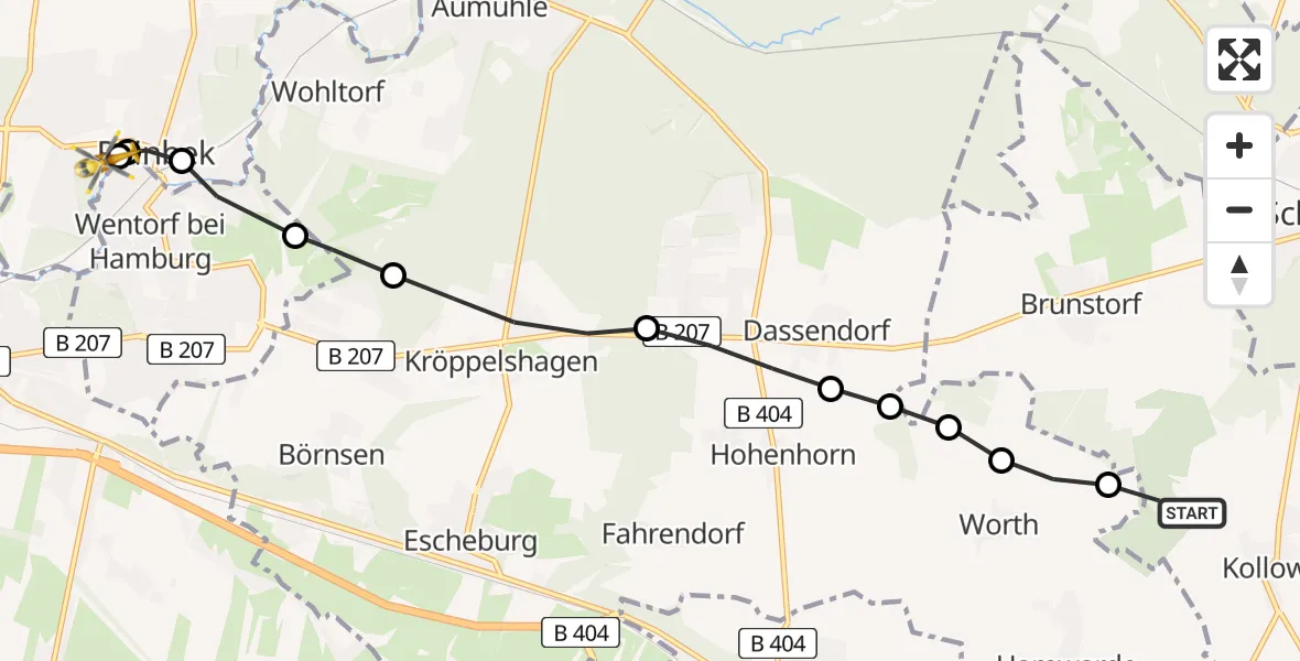 Flugroute Ambulanzhubschrauber Kollow - Reinbek St. Adolf-Stift Hospital, 15 Mai 2026, 07:58