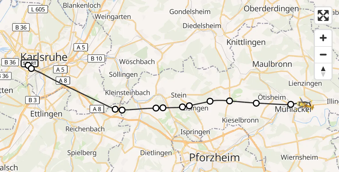Flugroute Rettungshubschrauber Sankt Vincentius Hospital - Mühlacker, 15 Mai 2026, 07:59