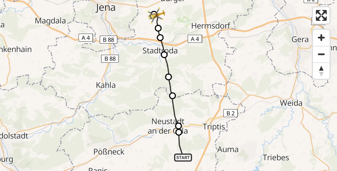 Flugroute Rettungshubschrauber Neustadt an der Orla - Jena-Schöngleina Flugplatz, 15 Mai 2026, 08:04