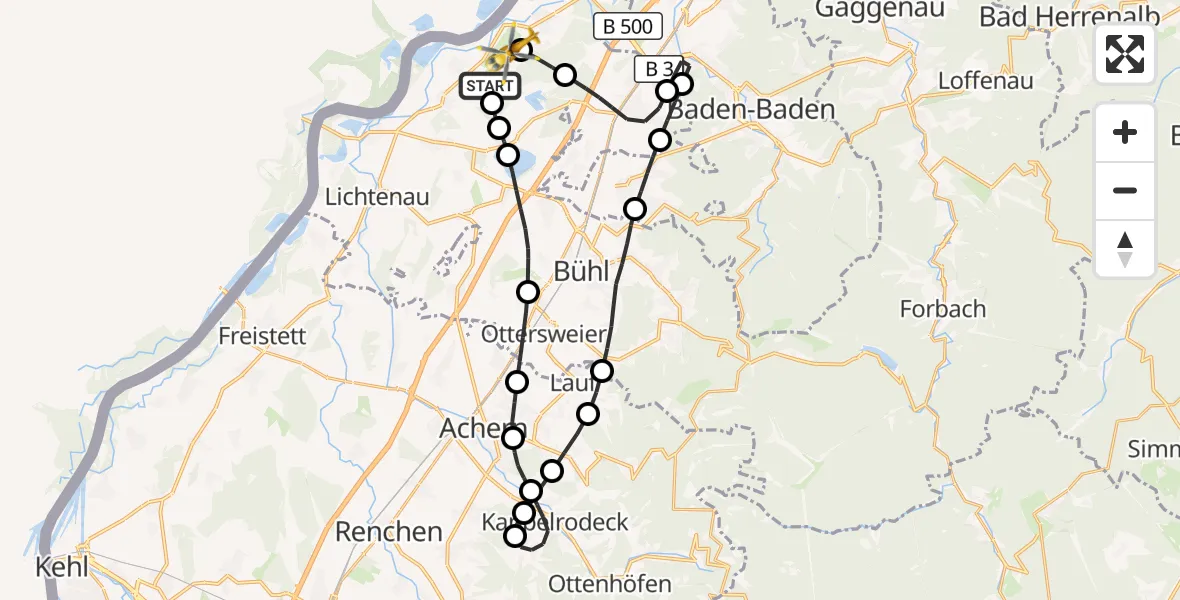 Flugroute Rettungshubschrauber Karlsruhe Baden-Baden Flughafen - Karlsruhe Baden-Baden Flughafen, 15 Mai 2026, 08:10