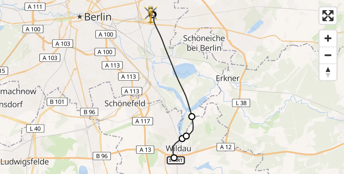 Flugroute Rettungshubschrauber Königs Wusterhausen - Berlin Emergency Hospital, 15 Mai 2026, 08:10