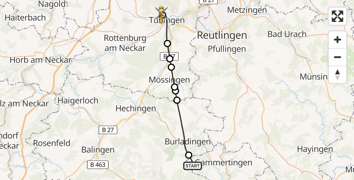 Flugroute Rettungshubschrauber Neufra - Tübingen University Hospital, 15 Mai 2026, 08:10