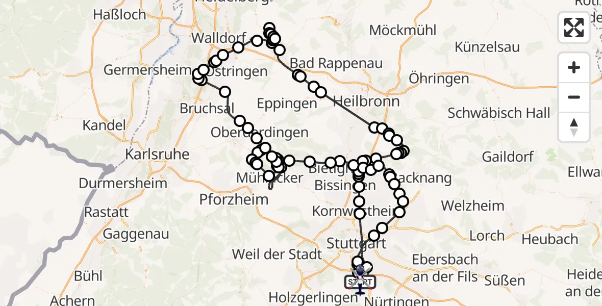 Flugroute Polizeihubschrauber Flughafen Stuttgart - Flughafen Stuttgart, 15 Mai 2026, 08:12