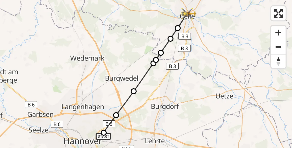 Flugroute Rettungshubschrauber Hannover Luftrettung Hubschrauberlandeplatz (Christoph 4) - Celle, 15 Mai 2026, 08:14