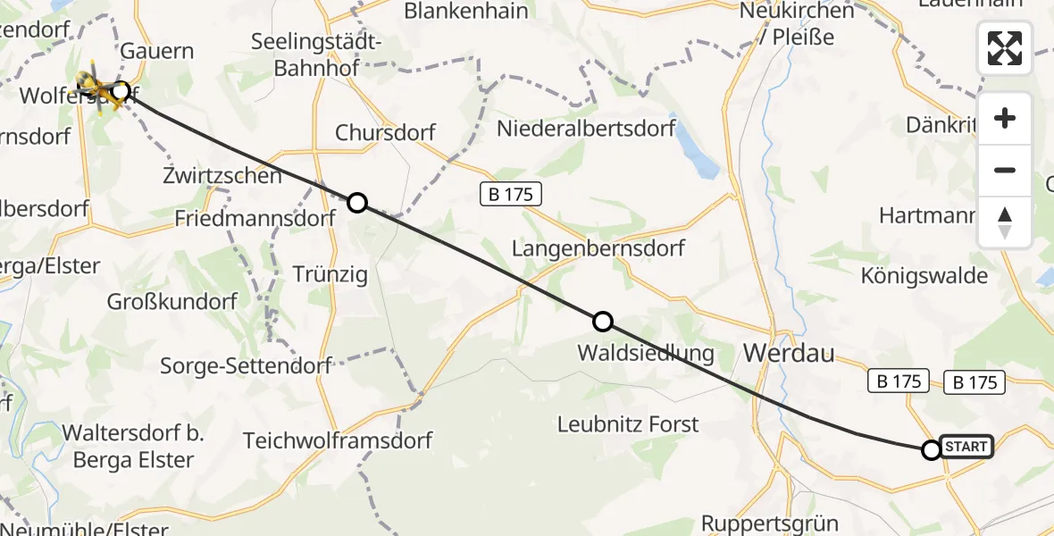 Flugroute Rettungshubschrauber ADAC Air Rescue Station Zwickau Hubschrauberlandeplatz - Berga-Wünschendorf, 15 Mai 2026, 08:14