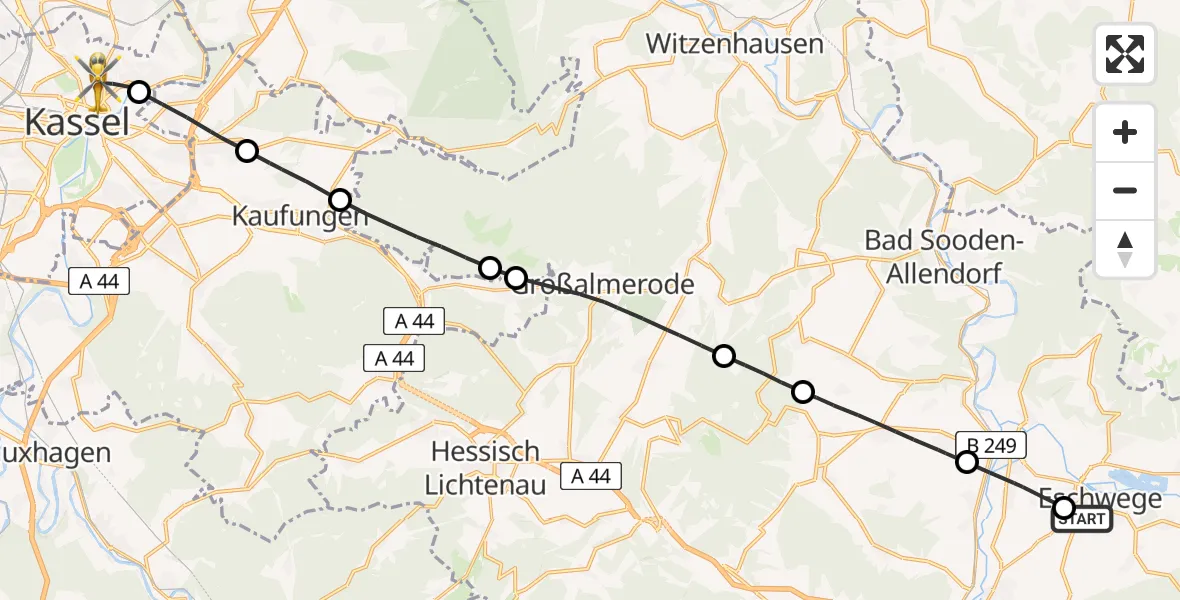 Flugroute Rettungshubschrauber Werra-Meißner Eschwege Hospital - Kassel, 15 Mai 2026, 08:17