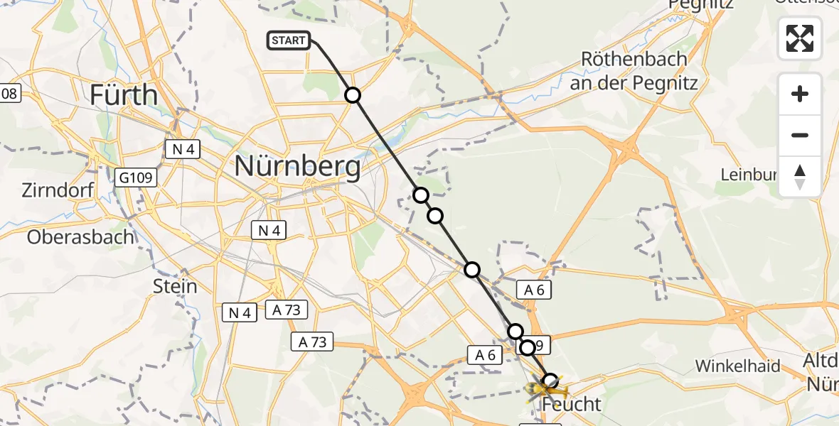 Flugroute Ambulanzhubschrauber Flughafen Nuremberg - Feucht, 15 Mai 2026, 08:20