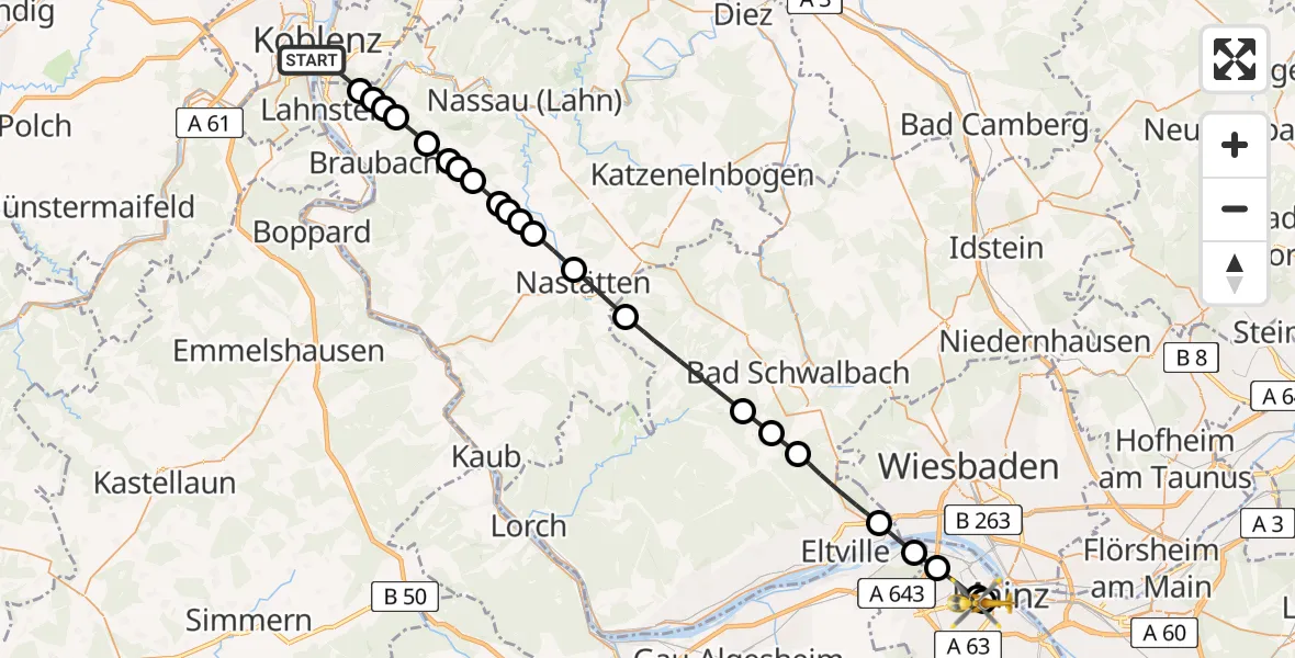 Flugroute Rettungshubschrauber Koblenz - Mainz University Hospital, 15 Mai 2026, 08:22