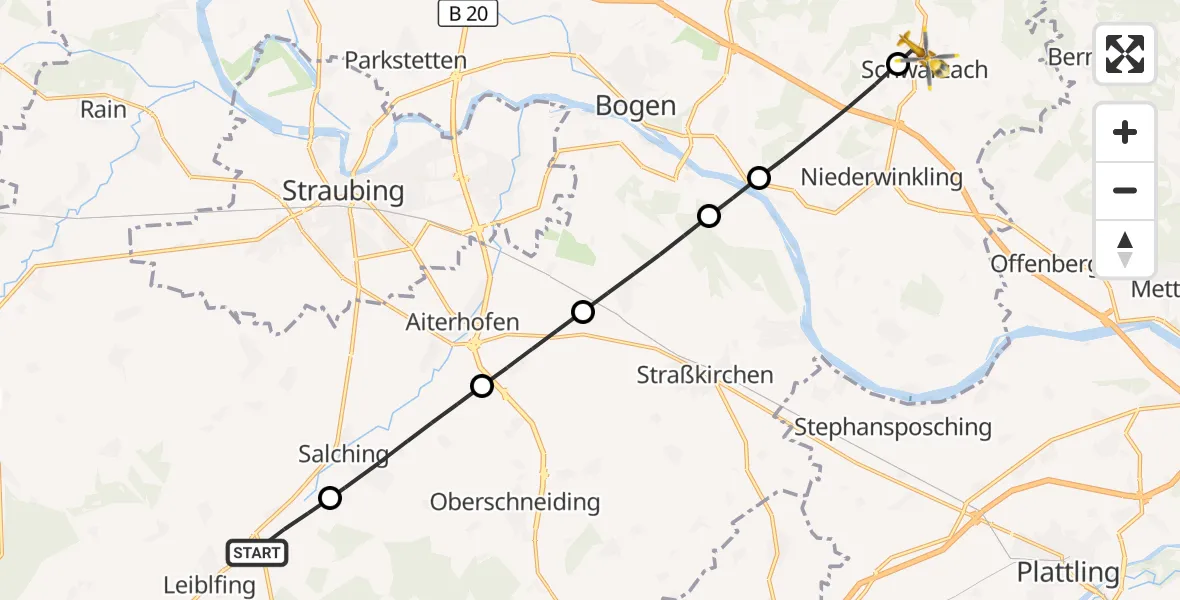 Flugroute Rettungshubschrauber Leiblfing - Schwarzach, 15 Mai 2026, 08:24