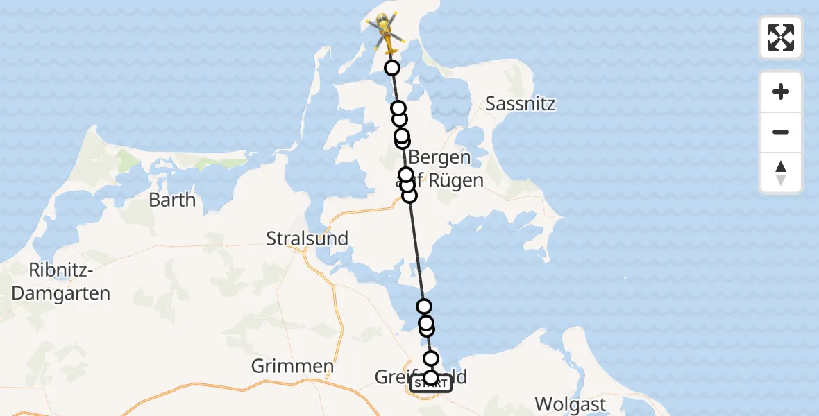Flugroute Rettungshubschrauber Greifswald Hospital - Wiek, 15 Mai 2026, 08:28