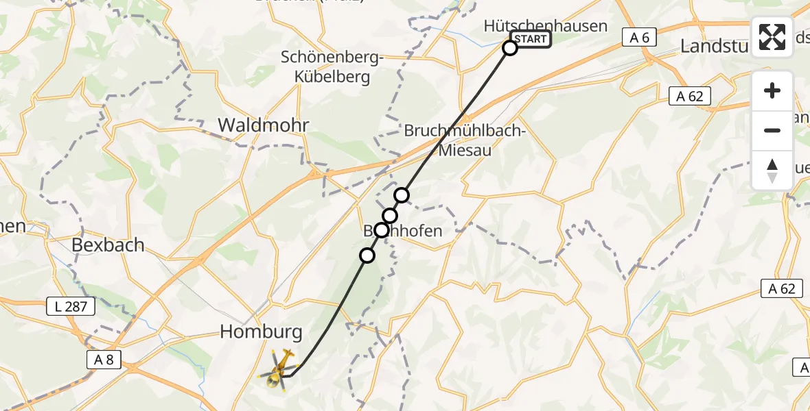 Flugroute Rettungshubschrauber Hütschenhausen - Homburg, 15 Mai 2026, 08:33