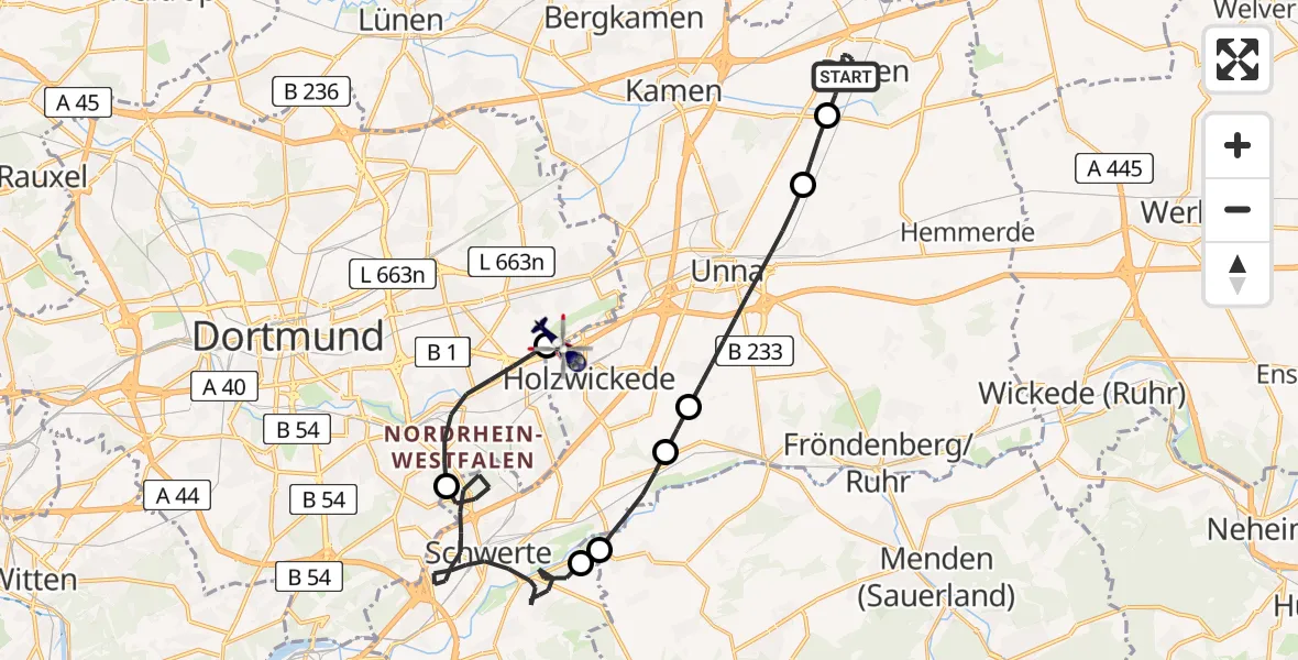 Flugroute Polizeihubschrauber Bönen - Dortmund Flughafen, 15 Mai 2026, 08:33