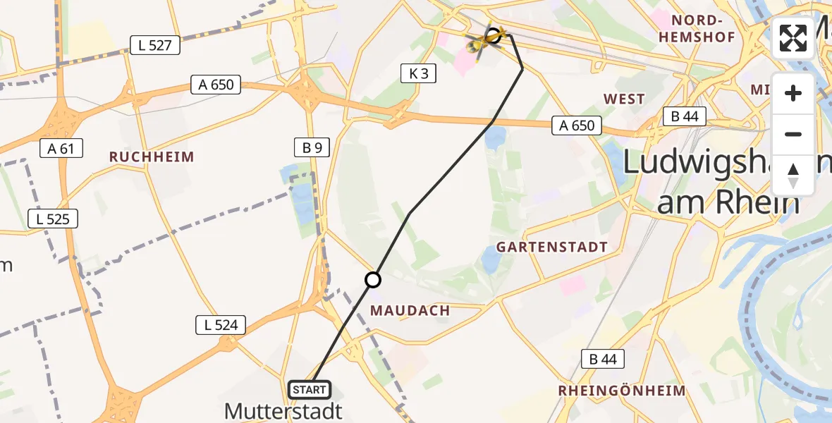 Flugroute Rettungshubschrauber Mutterstadt - Ludwigshafen Accident Hospital Hubschrauberlandeplatz, 15 Mai 2026, 08:36
