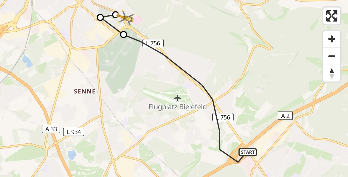 Flugroute Rettungshubschrauber Bielefeld - Luftrettungszentrum Bielefeld, 15 Mai 2026, 08:45