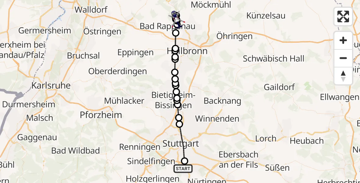 Flugroute Polizeihubschrauber Flughafen Stuttgart - Gundelsheim, 15 Mai 2026, 08:49