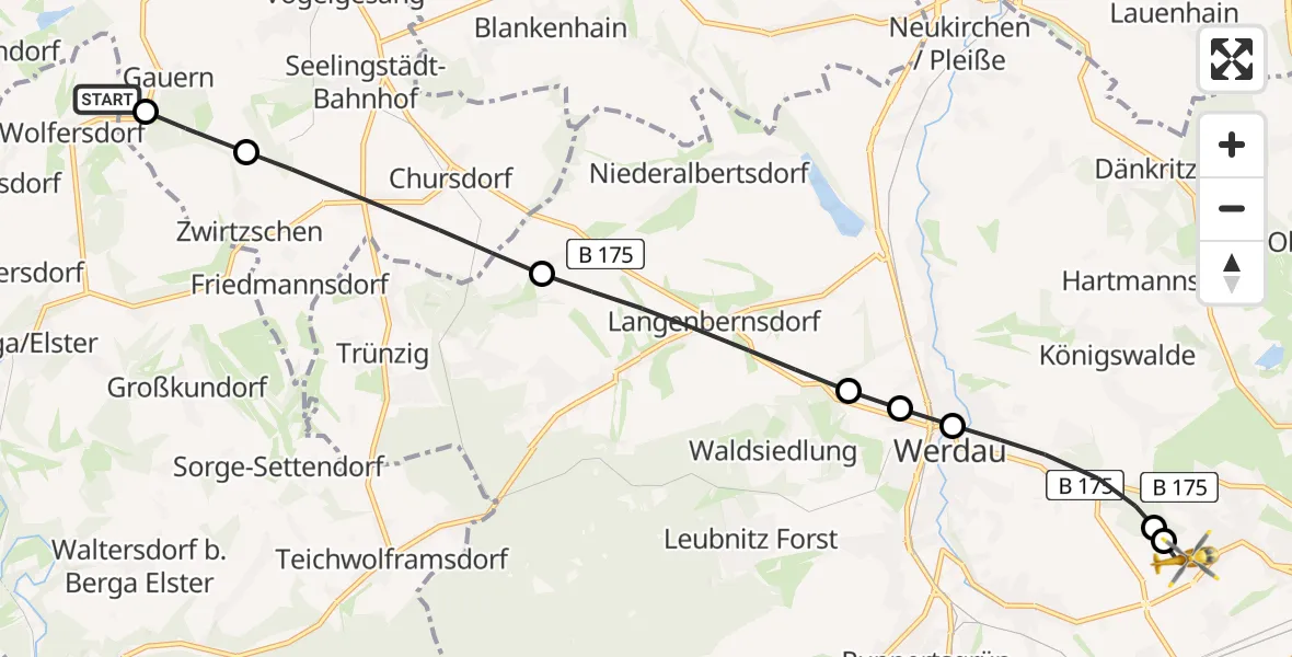 Flugroute Rettungshubschrauber Berga-Wünschendorf - ADAC Air Rescue Station Zwickau Hubschrauberlandeplatz, 15 Mai 2026, 08:52