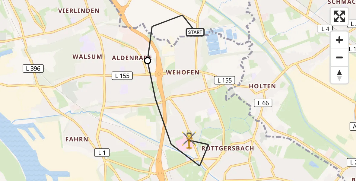 Flugroute Rettungshubschrauber Dinslaken - Duisburg, 15 Mai 2026, 08:53