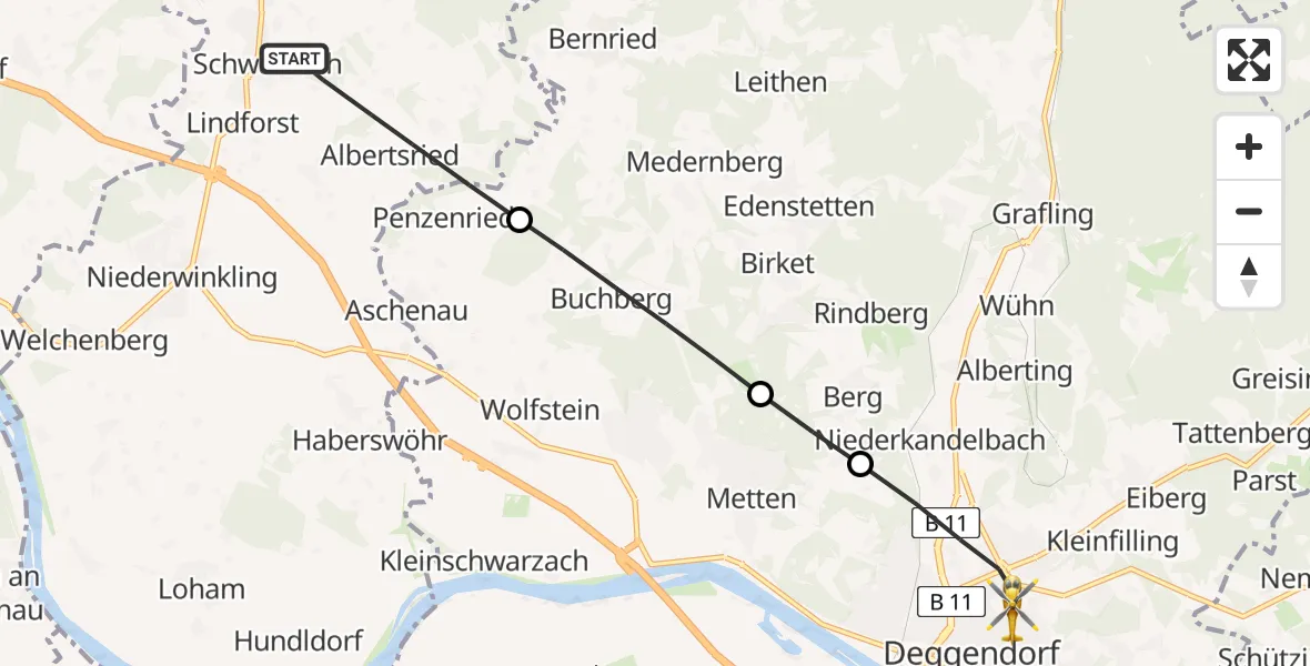 Flugroute Rettungshubschrauber Schwarzach - Deggendorf, 15 Mai 2026, 08:55