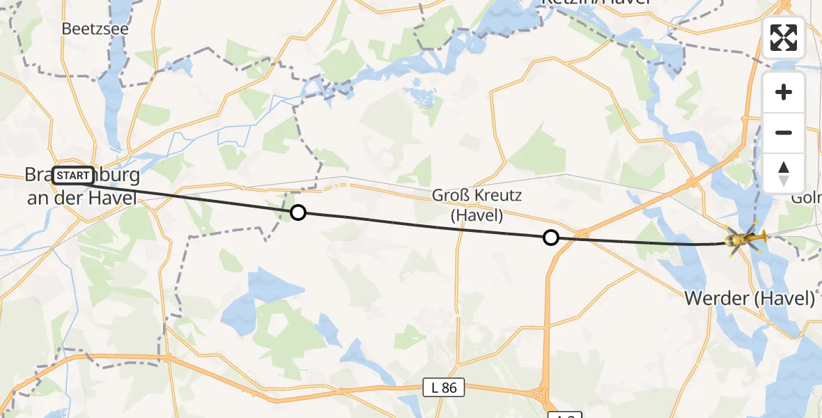 Flugroute Rettungshubschrauber Brandenburg an der Havel - Werder (Havel), 15 Mai 2026, 08:55