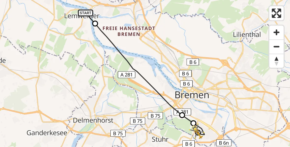 Flugroute Rettungshubschrauber Lemwerder - ADAC Air Rescue Station Bremen Hubschrauberlandeplatz (Christoph 6), 15 Mai 2026, 08:55
